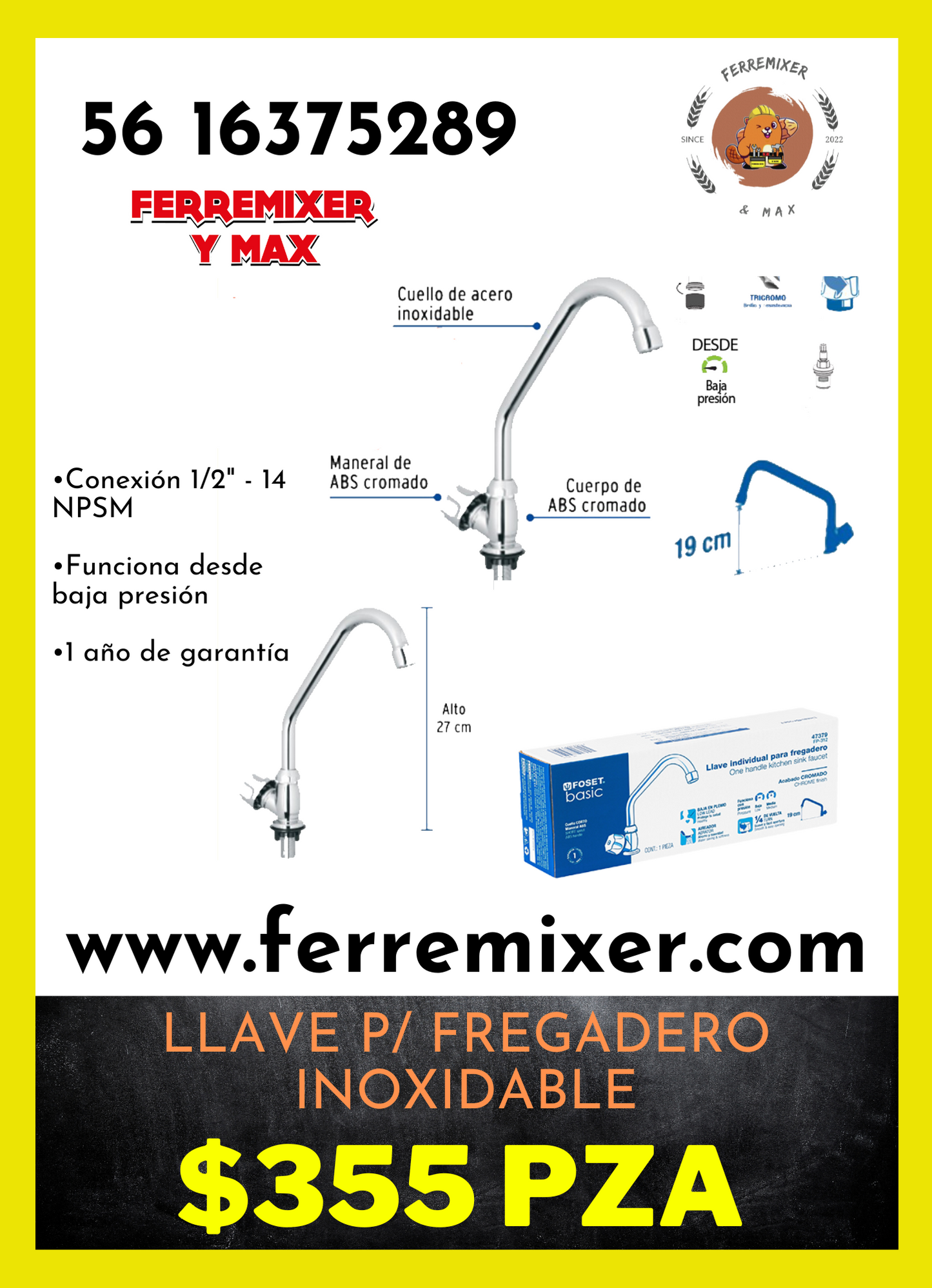 LLAVE FREGADERO ACERO INOXIDABLE  CONEXIÓN 1/2"